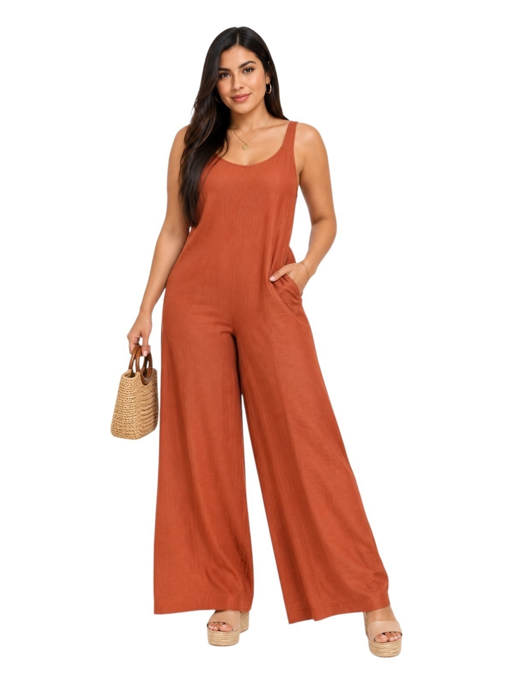 SHEIN Scoop Neck Wide Leg Jumpsuit in Rust Orange. Size M.